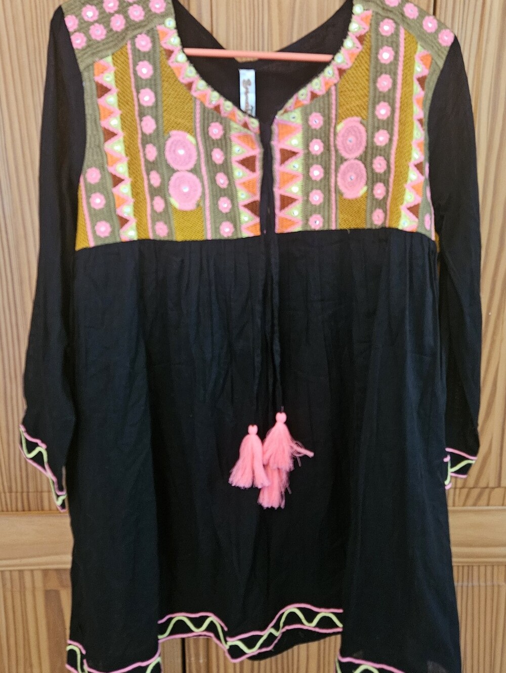 Womans Sz 4x Black Dress with Pink & Yellow Embroidered Yoke